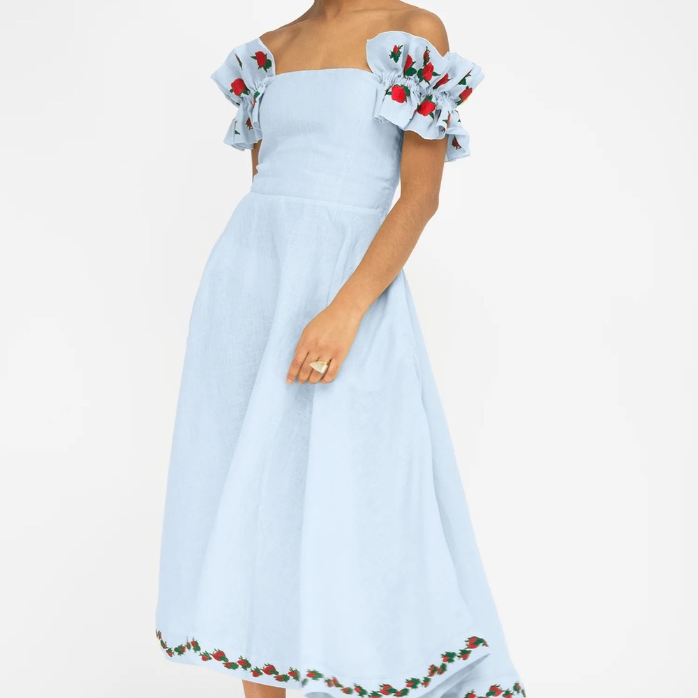Fanm Mon Light Blue Floral Embroidered Midi Dress